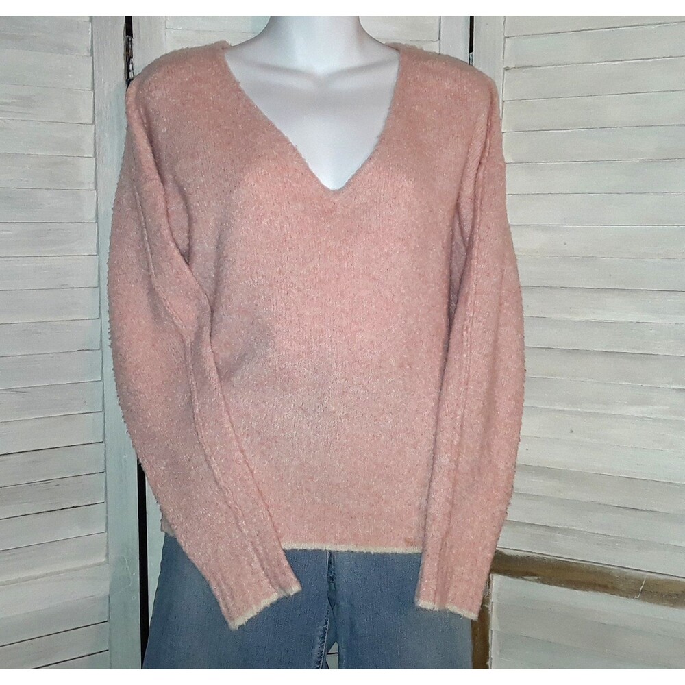 Women's Sweater Size Small Cashmere Blend Over-Sized Cropped V-Neck Pink Cream